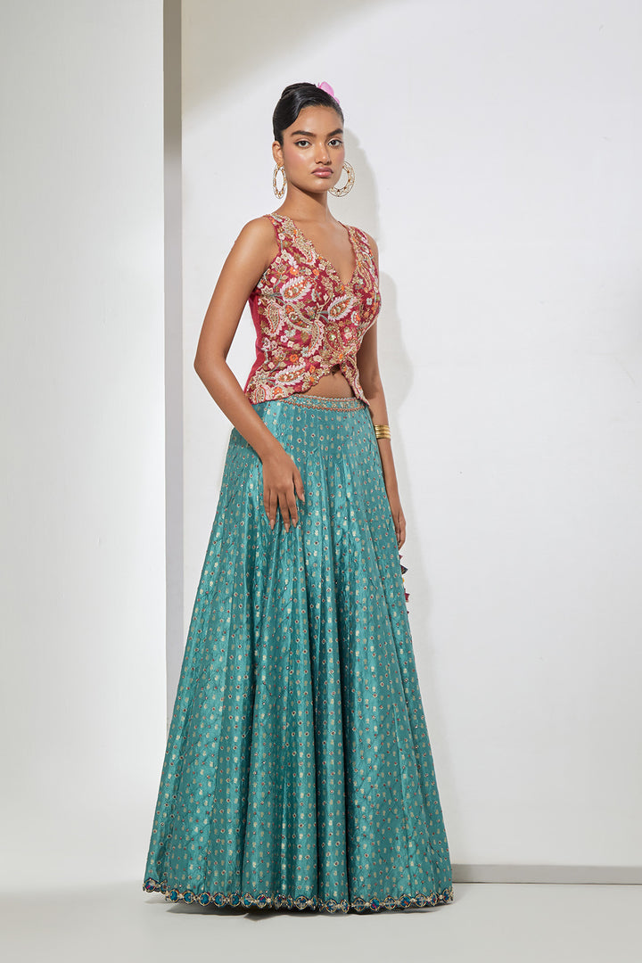 Rani Pink Embroidered Vest &amp; Teal Banarasi Lehenga
