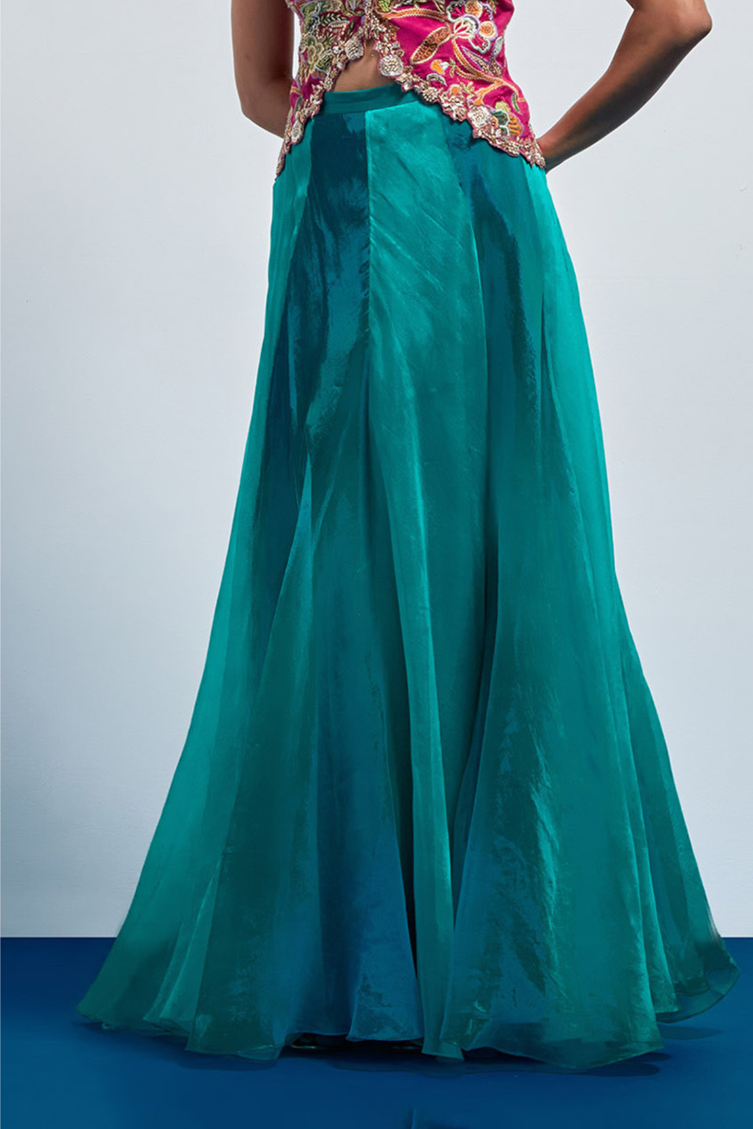 Teal Organza Flared Lehenga Skirt+Mustard Cheetah &amp; Floral Threadwork Waistcoat