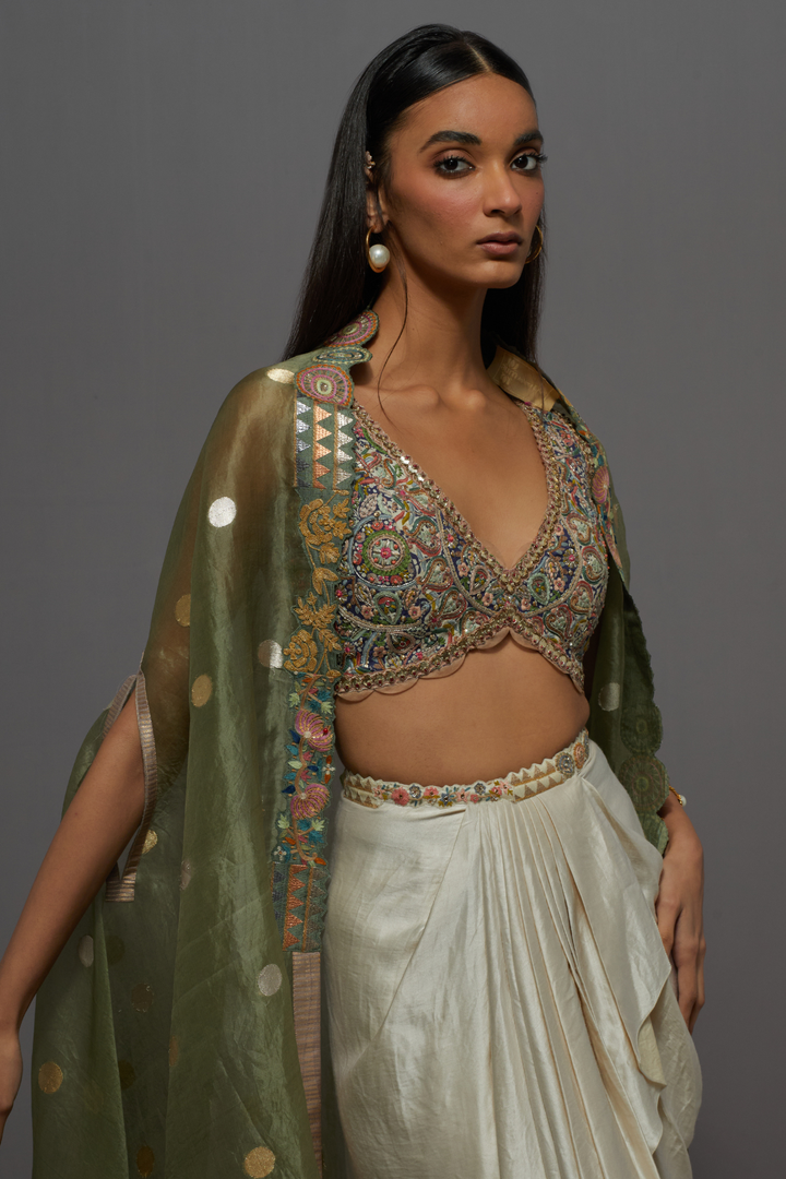 Olive green &amp; ivory embroidered dhoti with embroidered cape blouse set