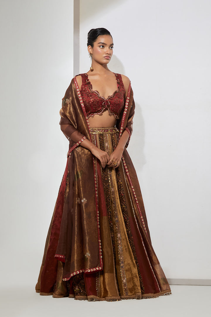 Rust Red &amp; Antique Gold Striped Panel Lehenga Set with Heavy Scalloped Corset Blouse