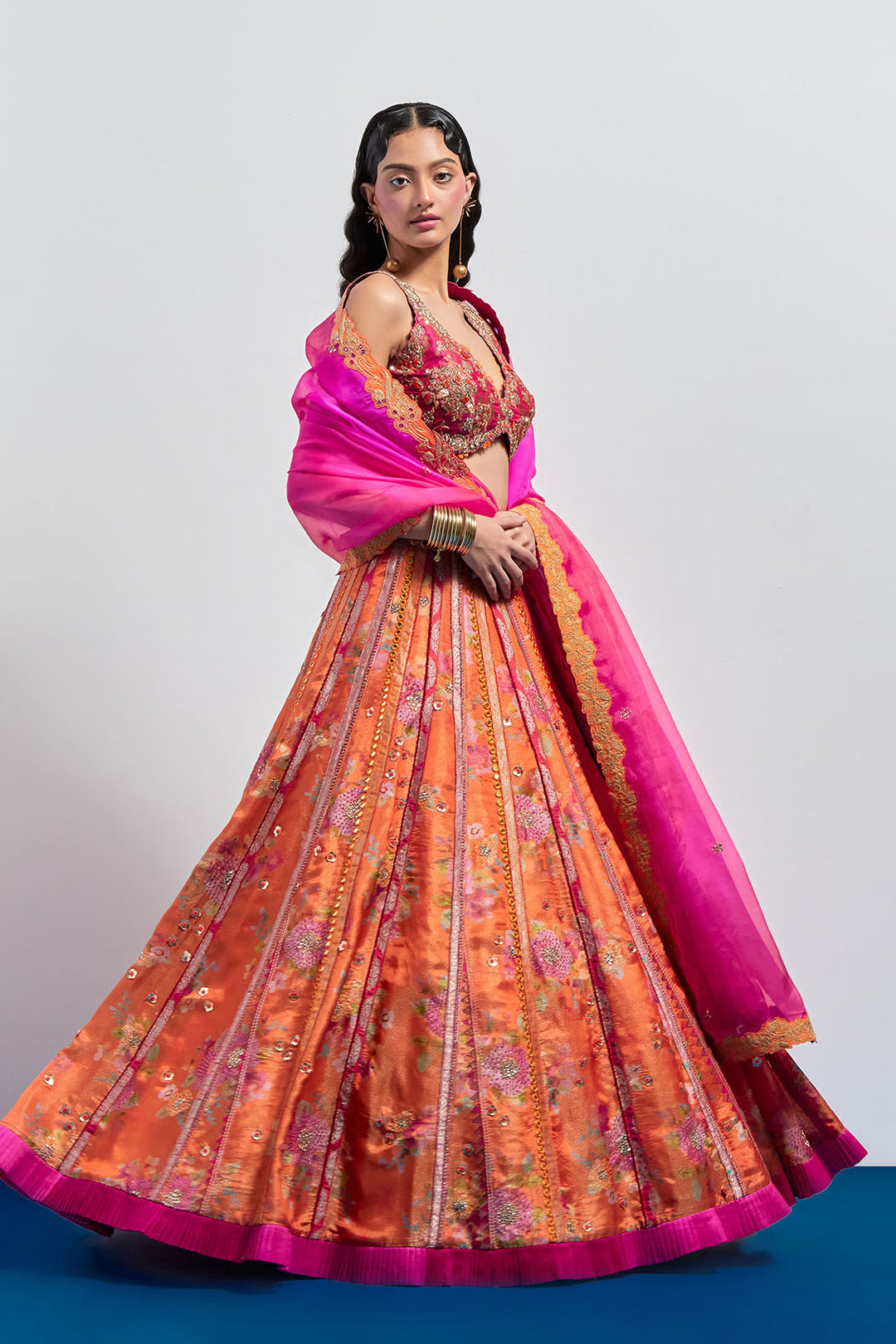 Orange printed embroidered lehenga dupatta set