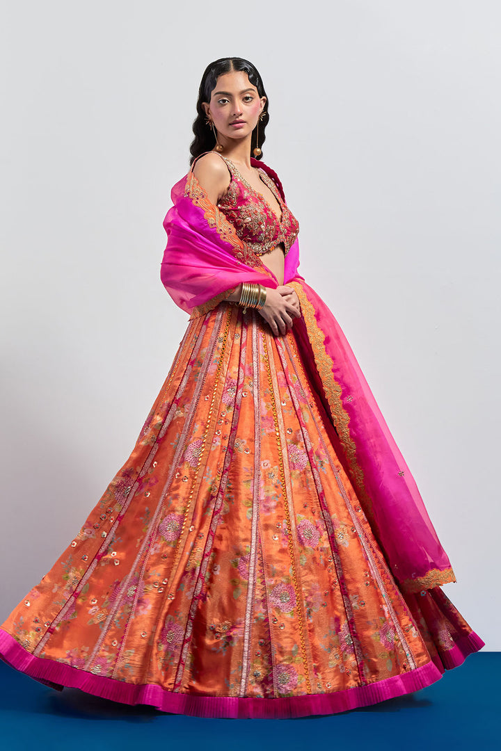 Orange printed embroidered lehenga dupatta set
