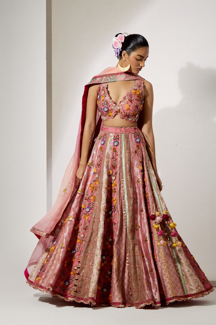 Rose Pink Embroidered Lehenga Set with Organza Dupatta