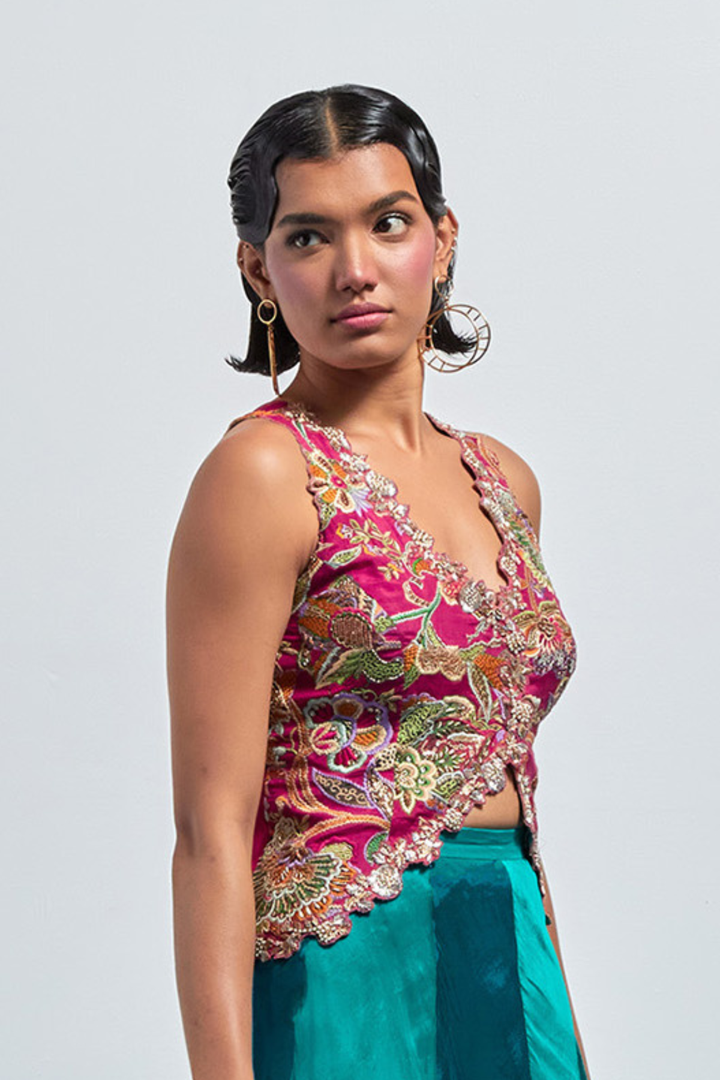 Fuchsia Pink Floral Embroidered Corset+Fuchsia Pink Floral Embroidered Corset