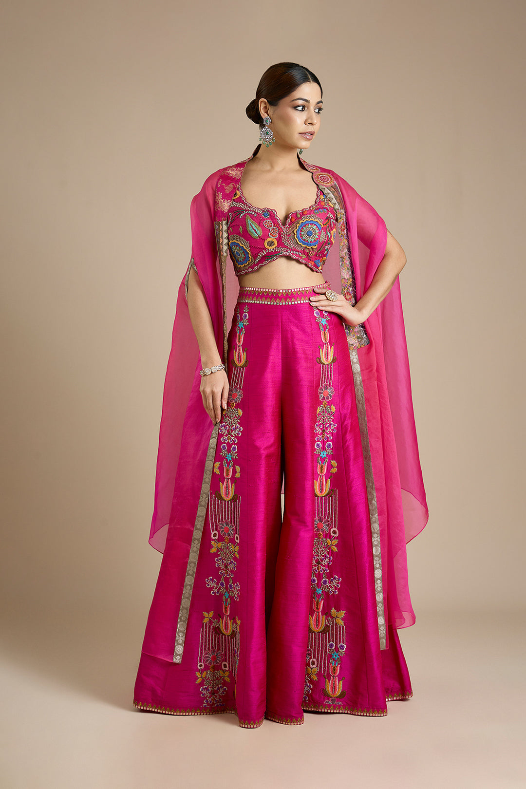 Fuchsia Pink Embroidered Cape &amp; Sharara Set | RTS