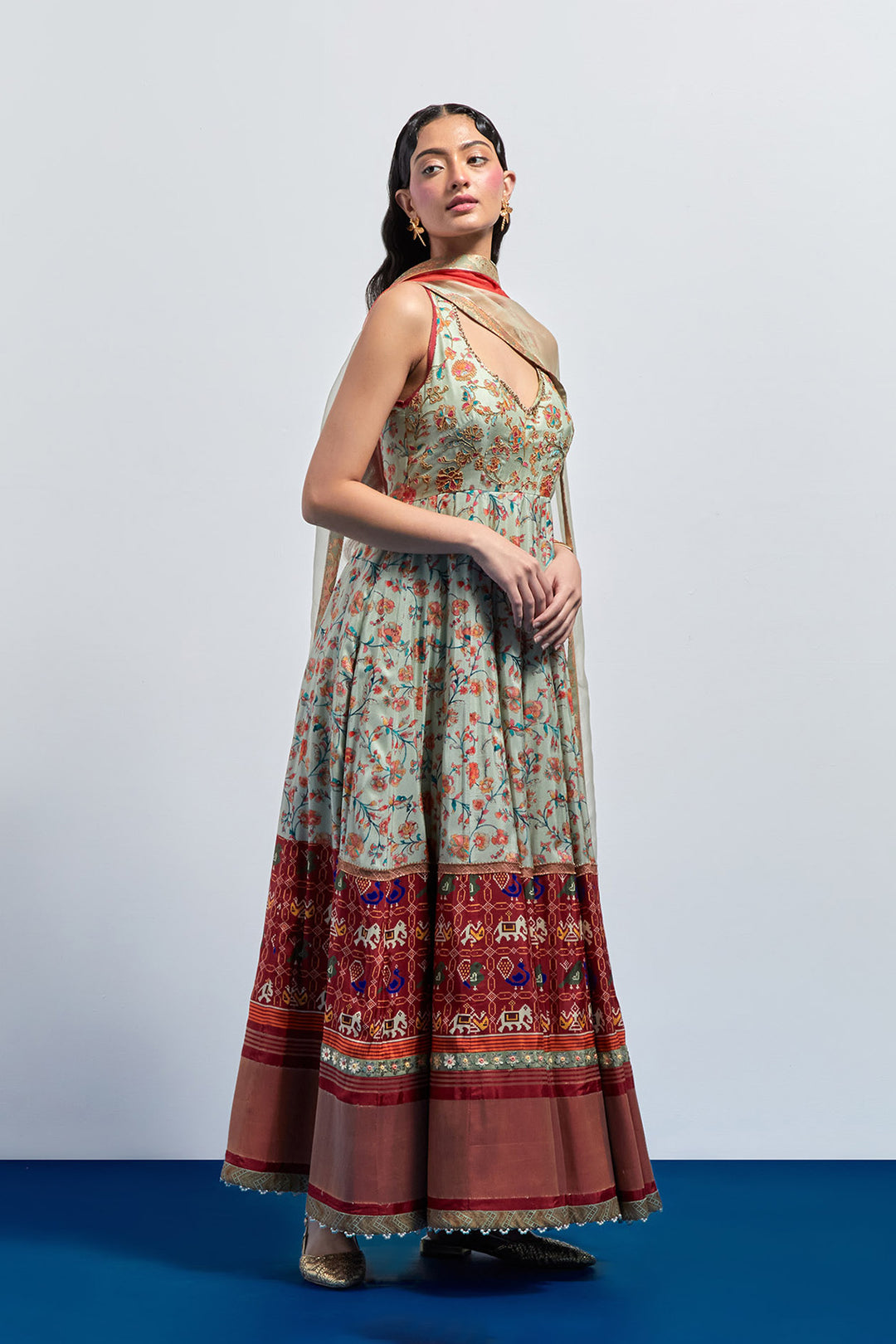 Saga green and rust block print anarkali set