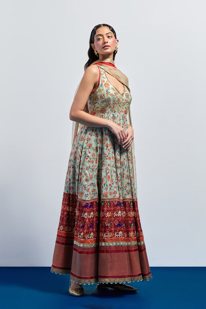 Saga green and rust block print anarkali set
