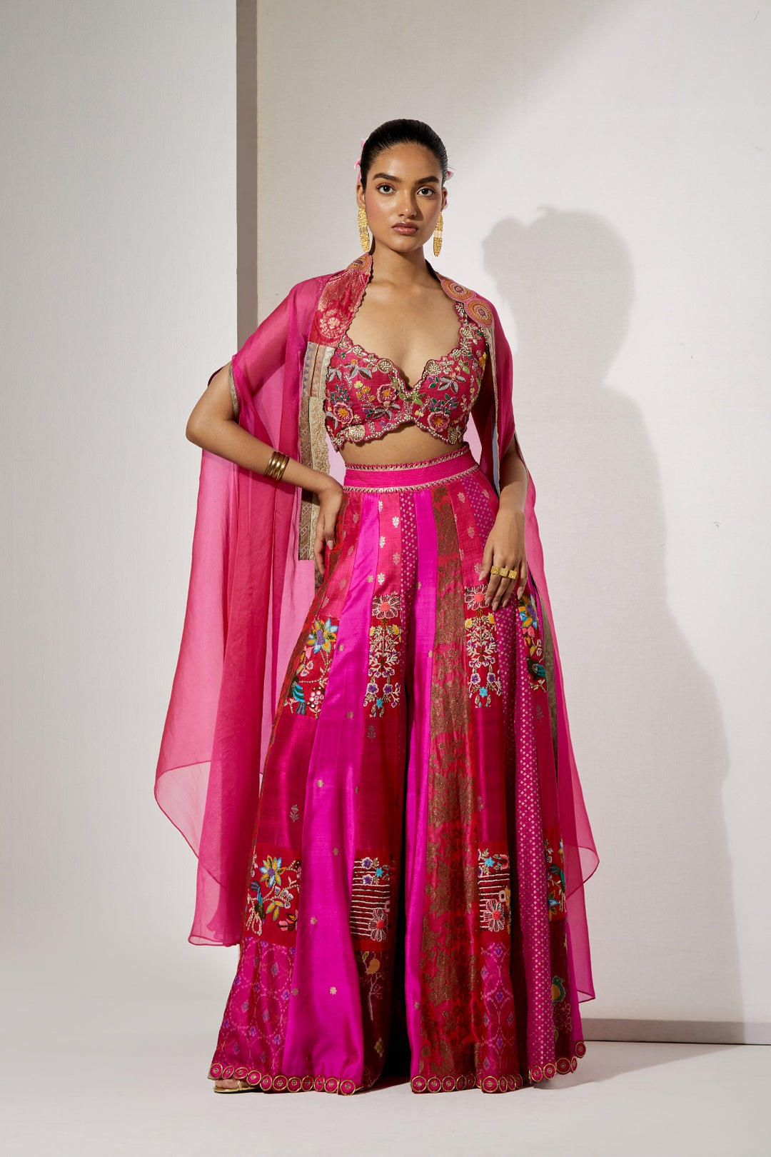 Fuchsia Embroidered Sharara Set with Organza Cape