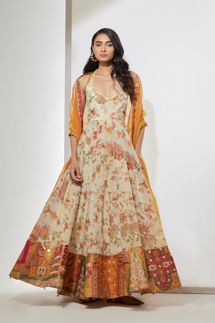 Ivory Floral Printed Anarkali Set