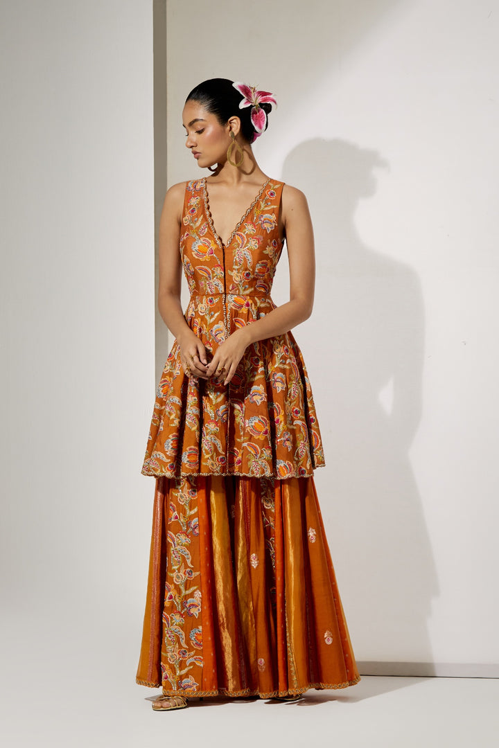 Rust Bloom Peplum Sharara Set