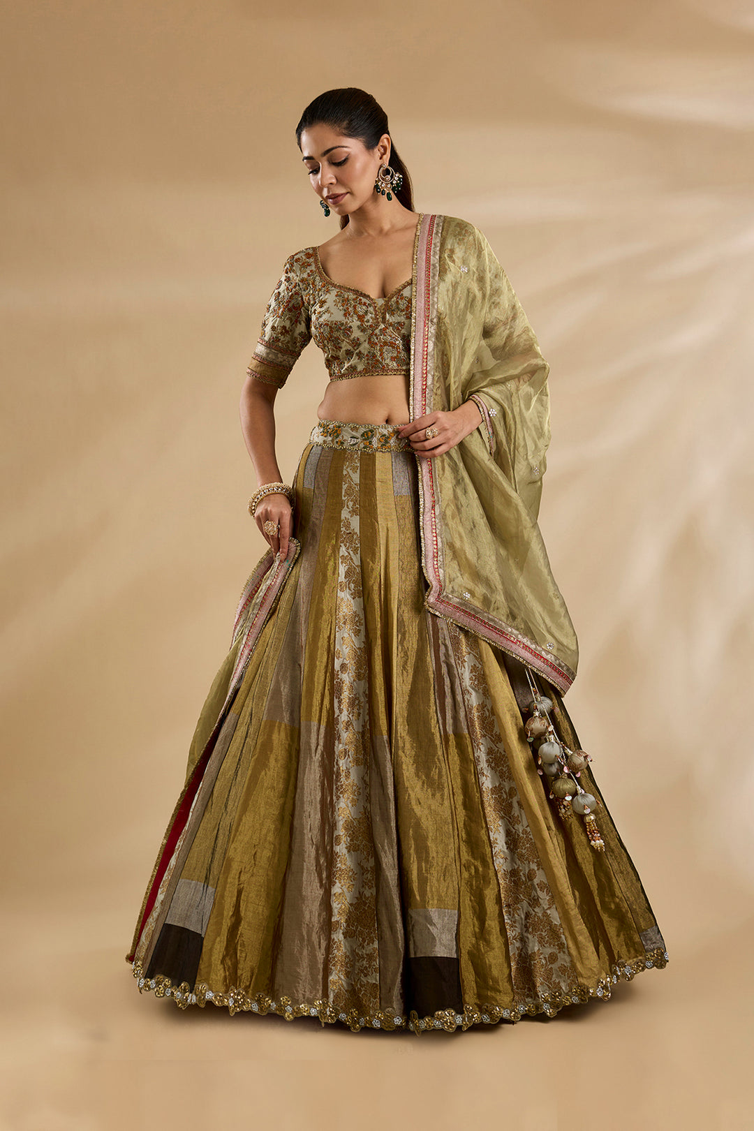 Bronze tissue Lehenga Set with Embroidered Blouse | RTS