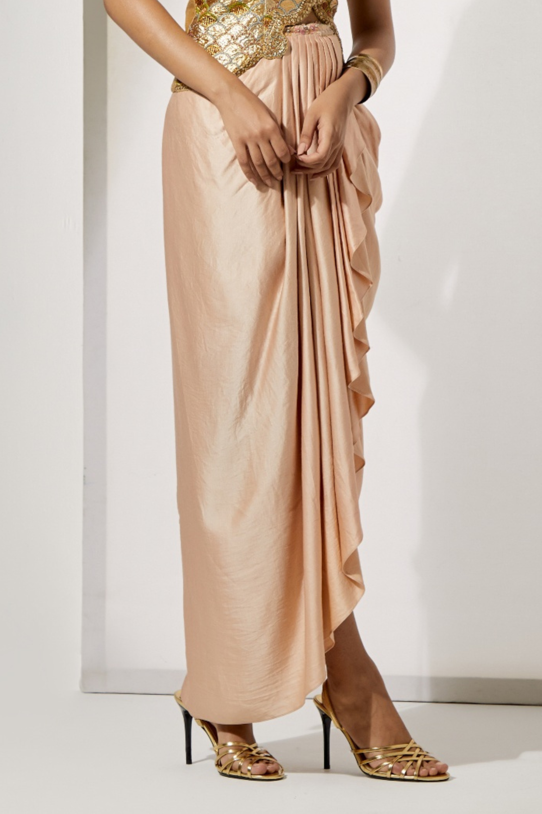 Pastel Patchwork Embroidered Corset+Peach Draped Dhoti Skirt