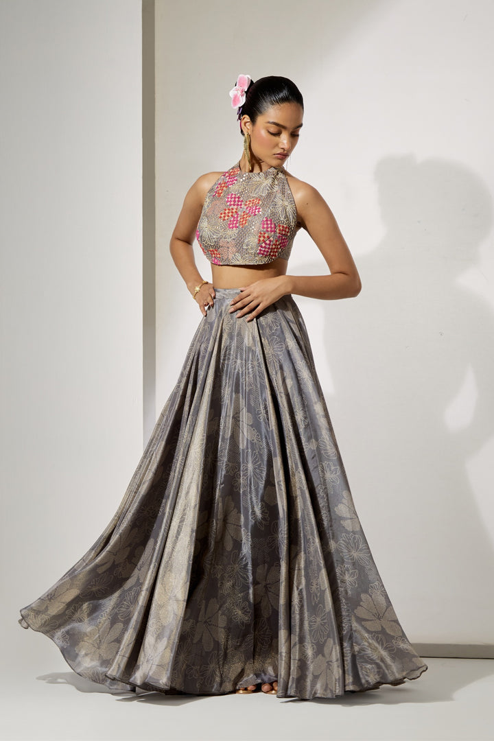 Midnight Bloom Halter Blouse &amp; Skirt Set