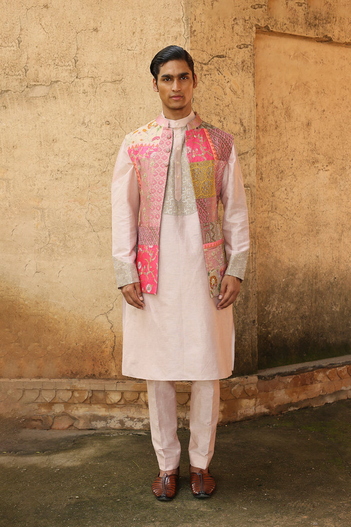Blush Pink Silk Brocade Patchwork Bandi Set