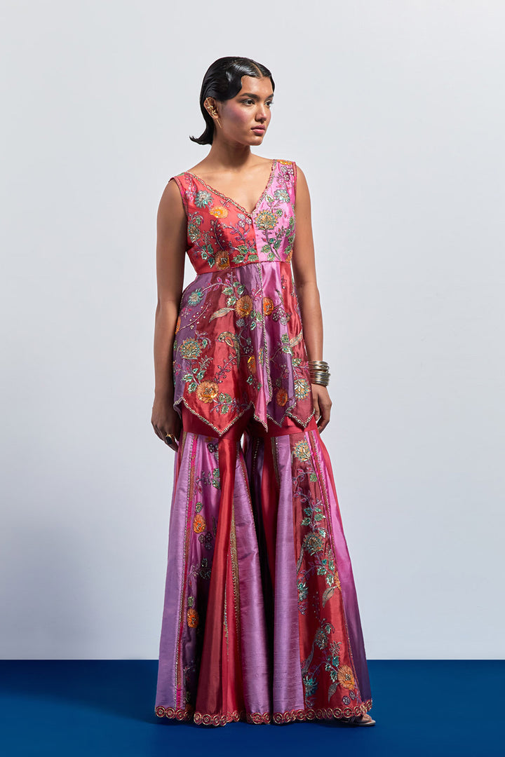 MAuve pink ombre Embroidered peplum sharara set