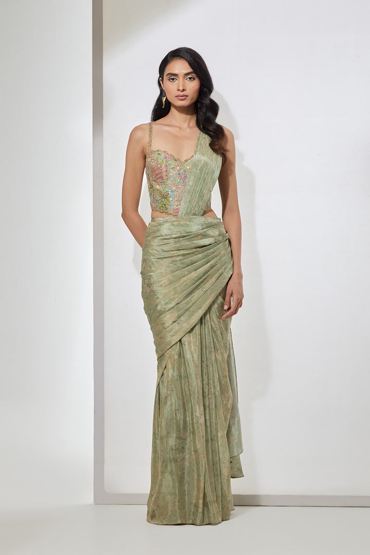 Sage Green Embellished Pre-Draped Saree with Corset Blouse