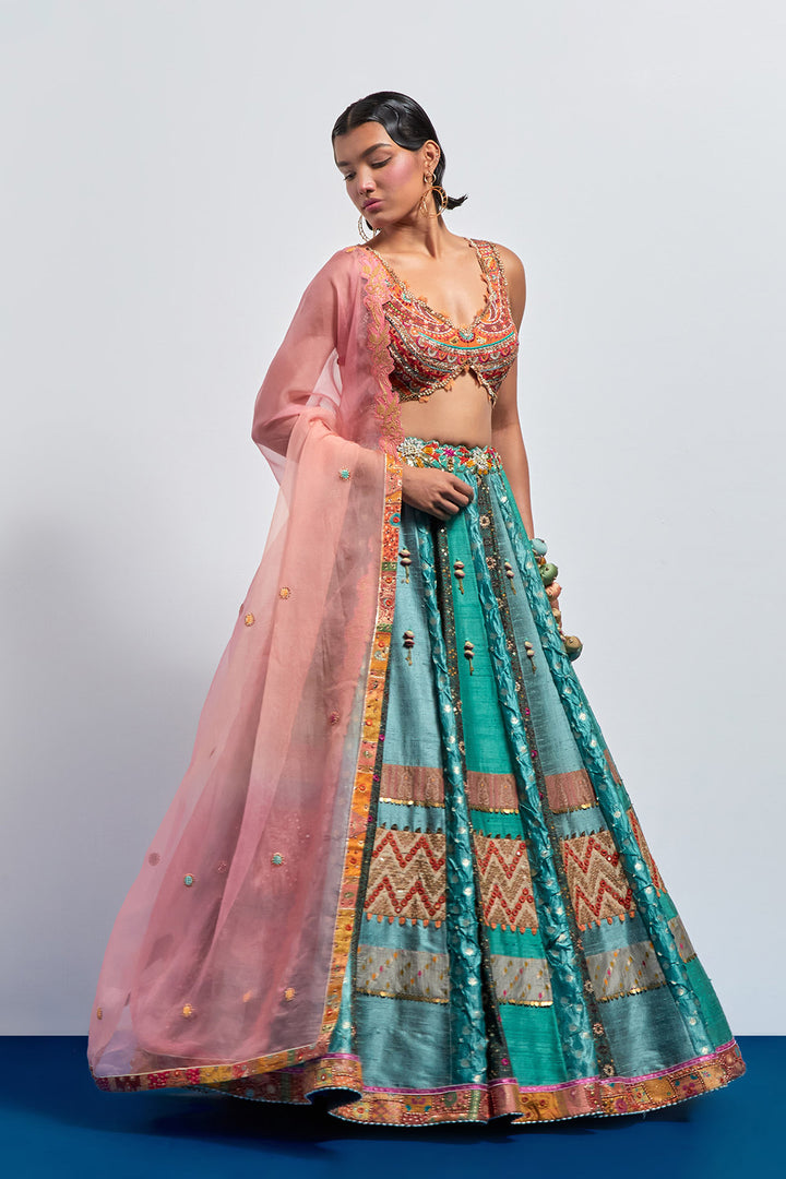 Teal green embroidered lehenga set