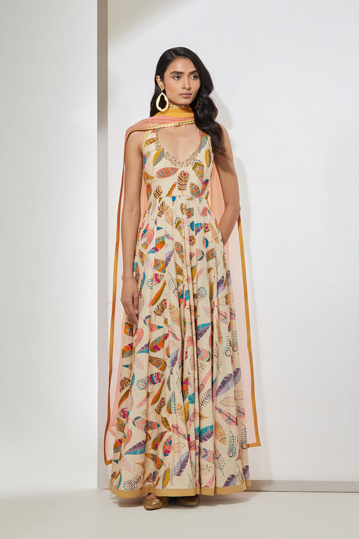Ivory Feather Print Embellished Anarkali