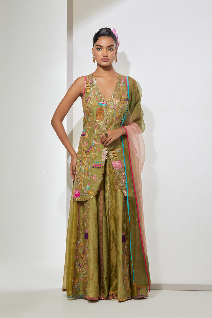 Sage Green Embroidered Sharara Set with Kurta &amp; Dupatta