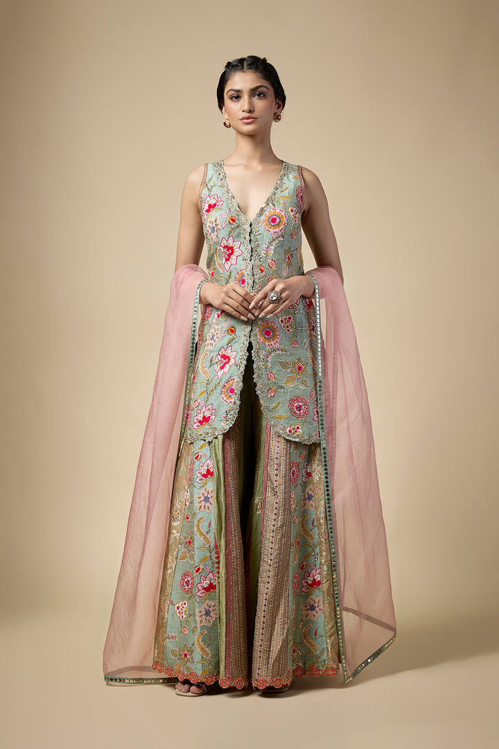 Sage Green Embroidered Jacket Set with Sharara &amp; Organza Dupatta