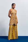 Mustard yellow embroidered peplum sharara set
