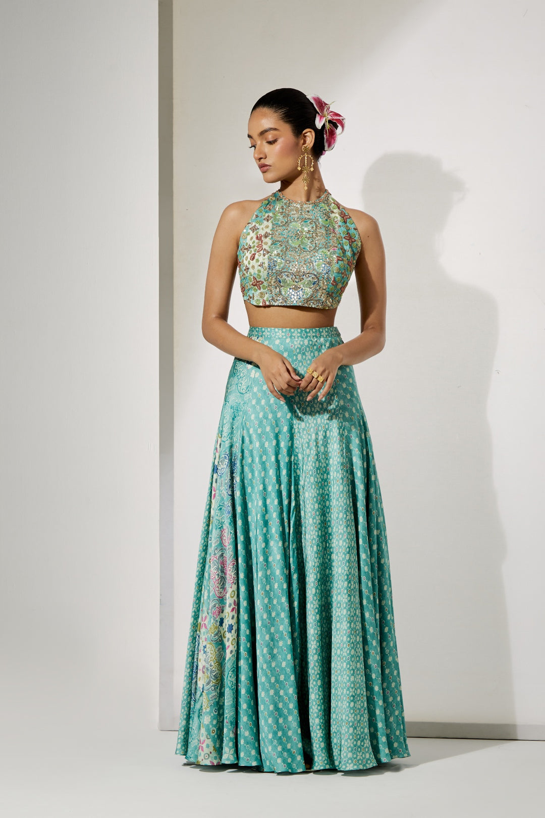Aqua Bloom Halter Blouse &amp; Skirt Set