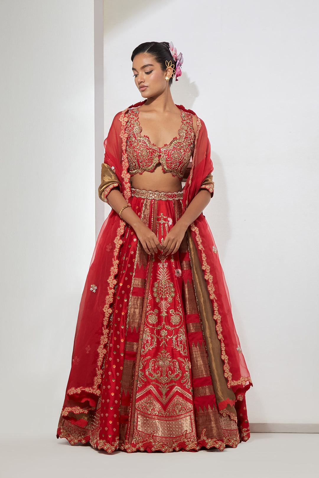 Bridal Red Multi-Panel Banarasi Silk Lehenga Set with Heavy Zardozi Scalloped Blouse