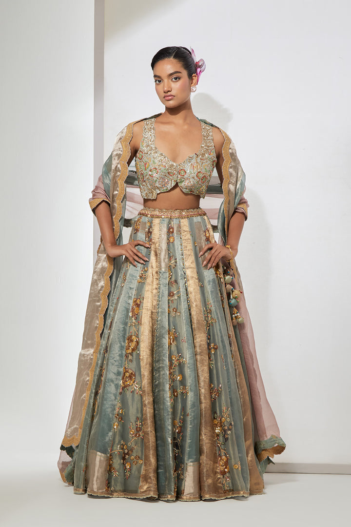 Aqua Floral Embroidered Lehenga Set with Bralette Blouse &amp; Dupatta