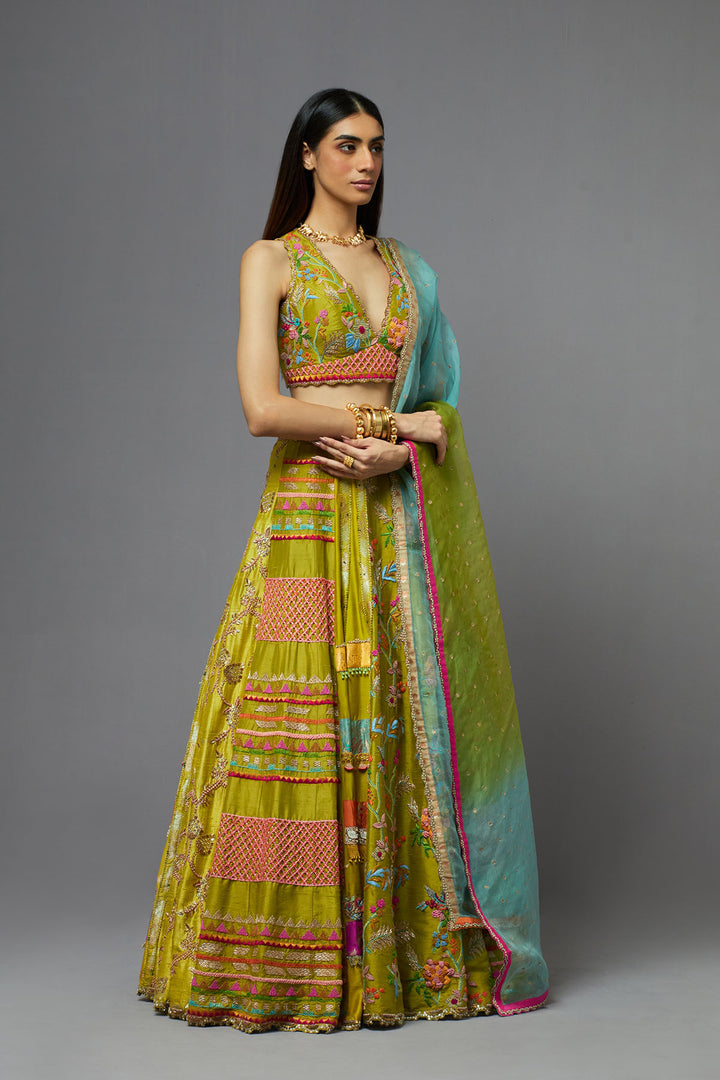 Multicolour sleeveless lehenga set with ombre dupatta