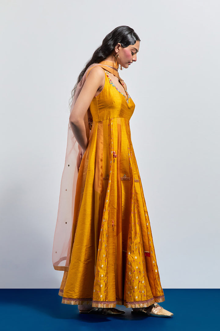 Mustard yellow embroidered anarkali set