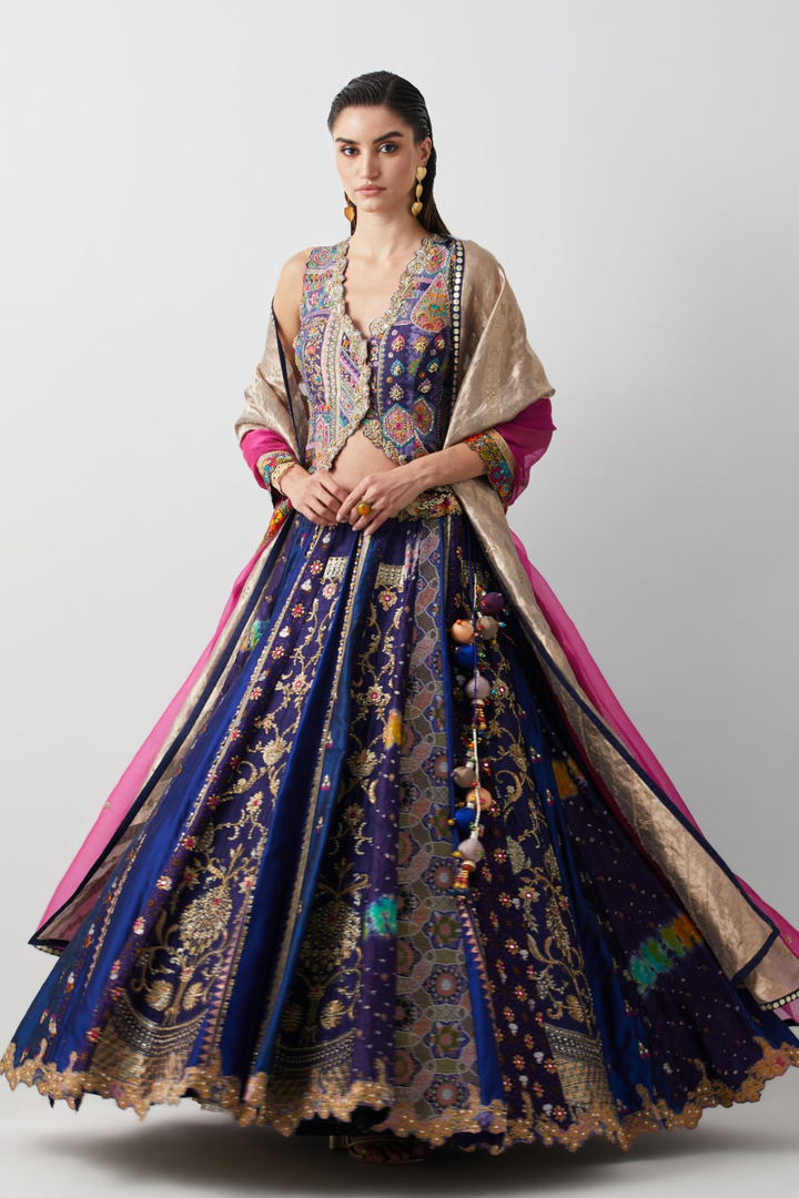 Royal Blue Silk &amp; Brocade Lehenga Set with Corset and Organza Dupatta