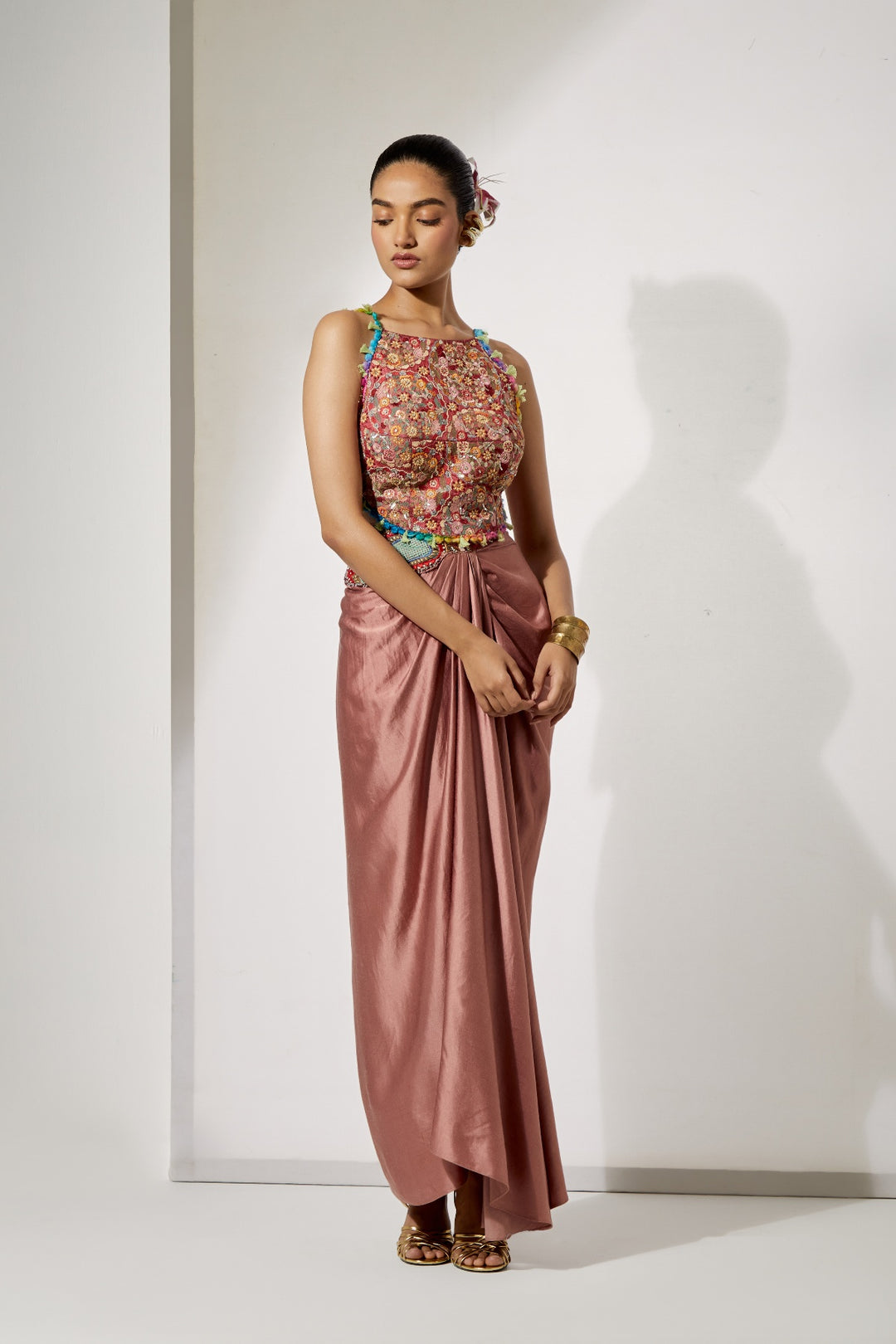 Rust Draped Skirt Set with Fully Embroidered Threadwork Blouse | RTS