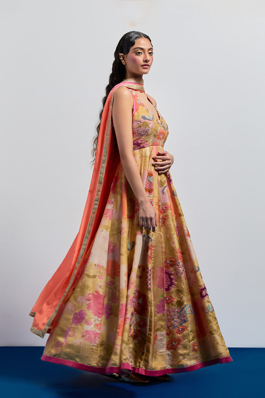 Beige yellow floral embroidered anarkali set