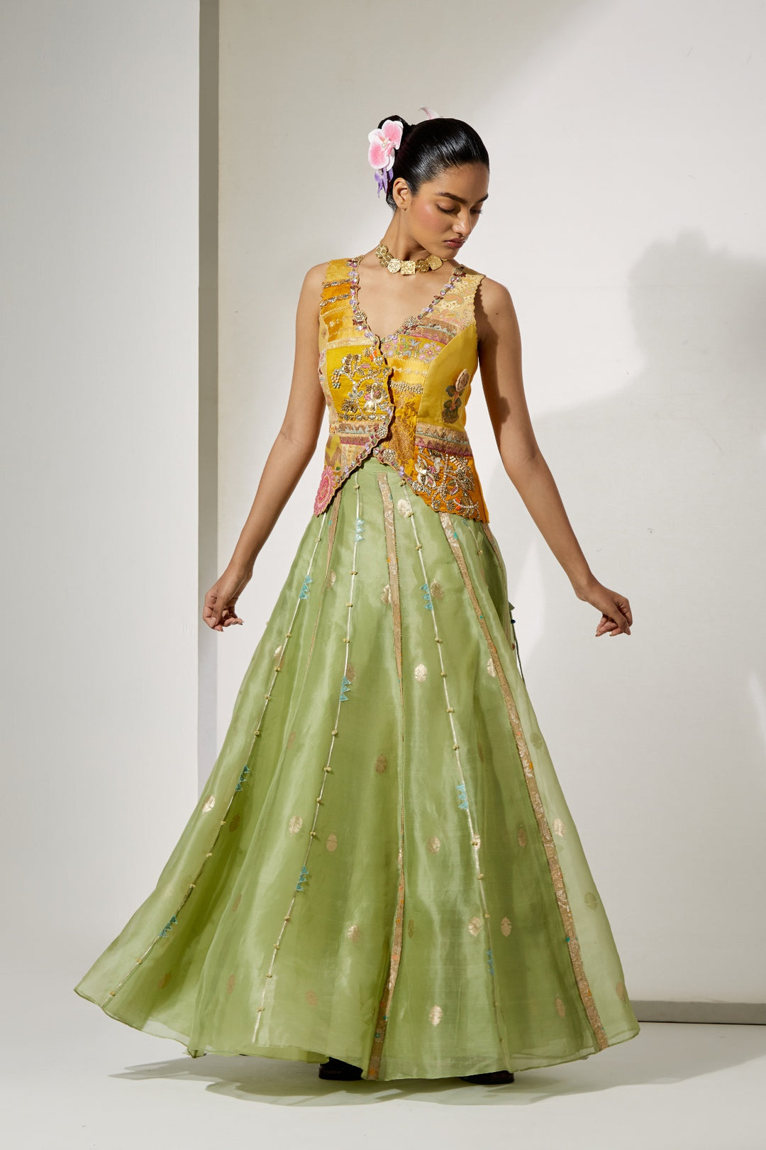 Mustard Patchwork Embroidered Corset Vest