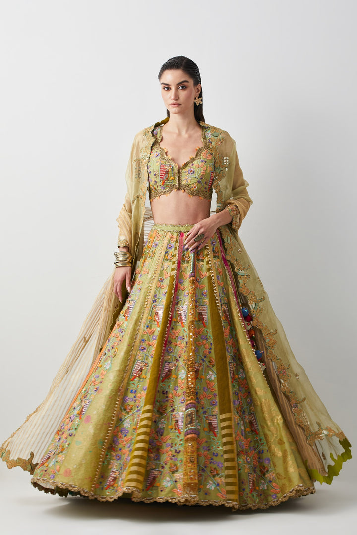 Lime Yellow Hand Embroidered Silk Lehenga Set