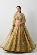 Lime Yellow Hand Embroidered Silk Lehenga Set