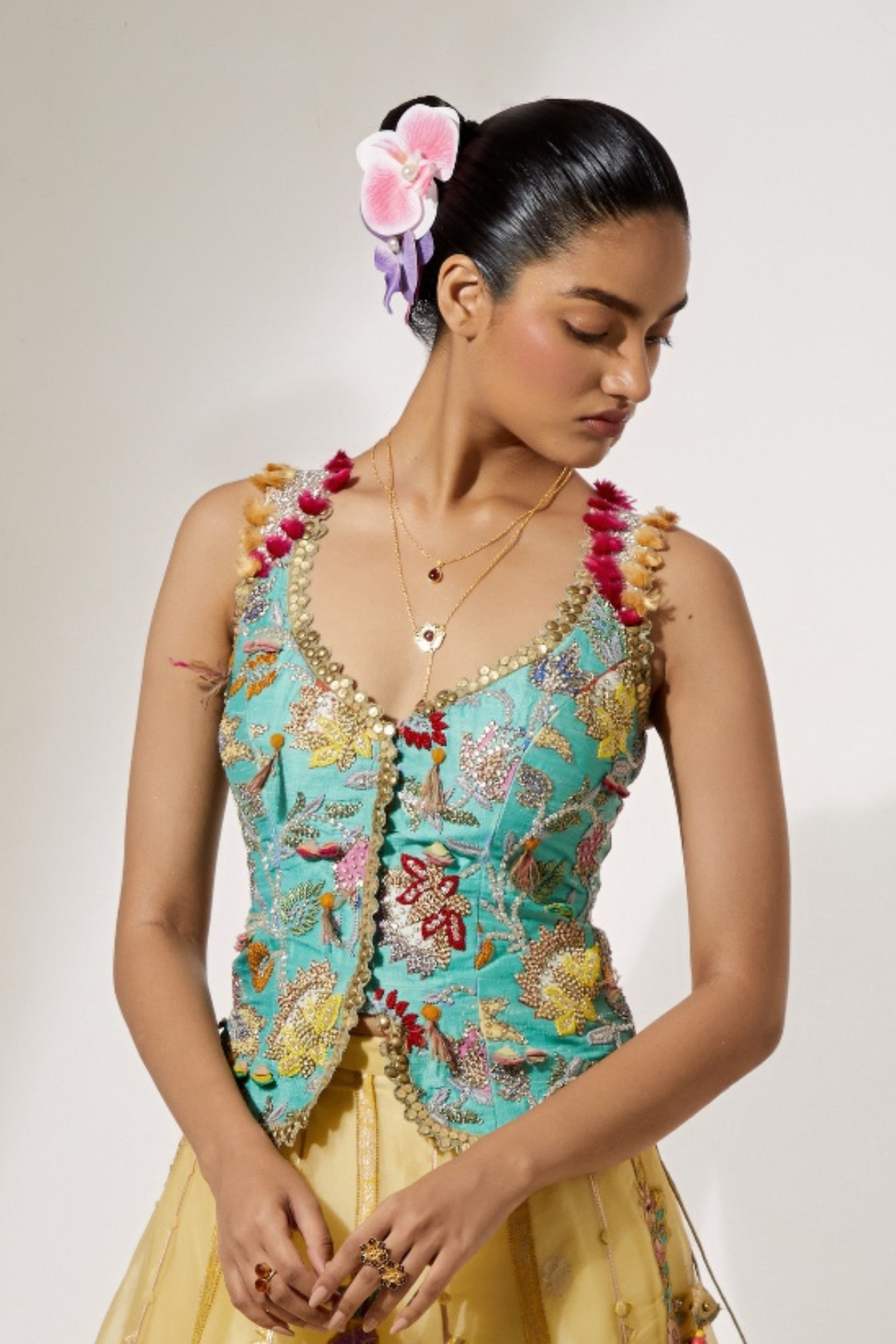 Fuschia Organza Flared Skirt+Aqua Resham Work Corset with Tassel Straps