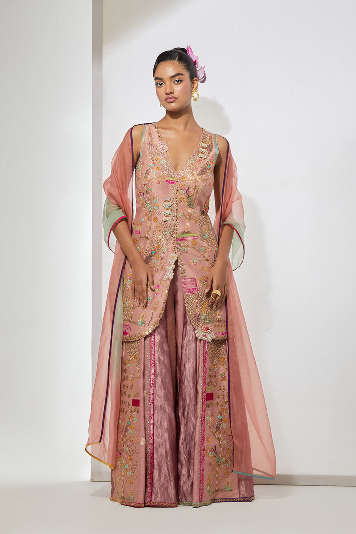 Blush Pink Embroidered Kurta Sharara Set with Dupatta