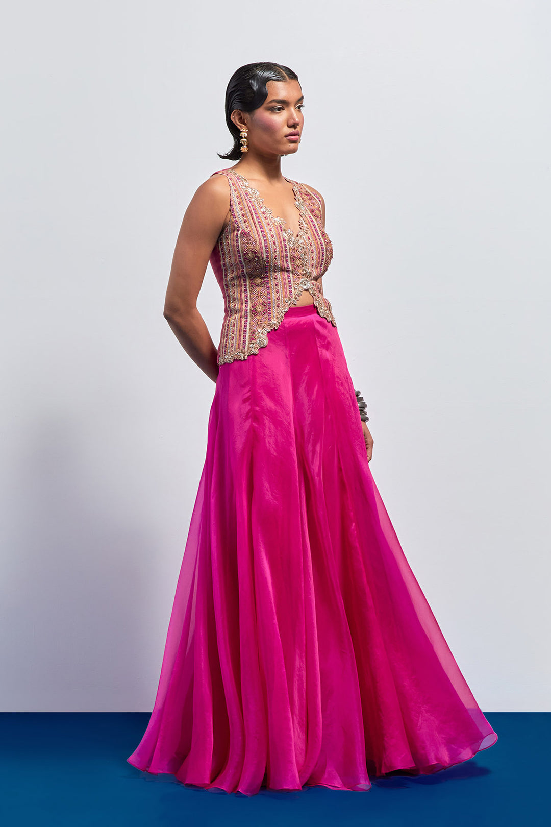 Hot pink embroidered corset skirt set