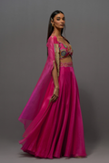 Pink embroidered skirt, cape and blouse set