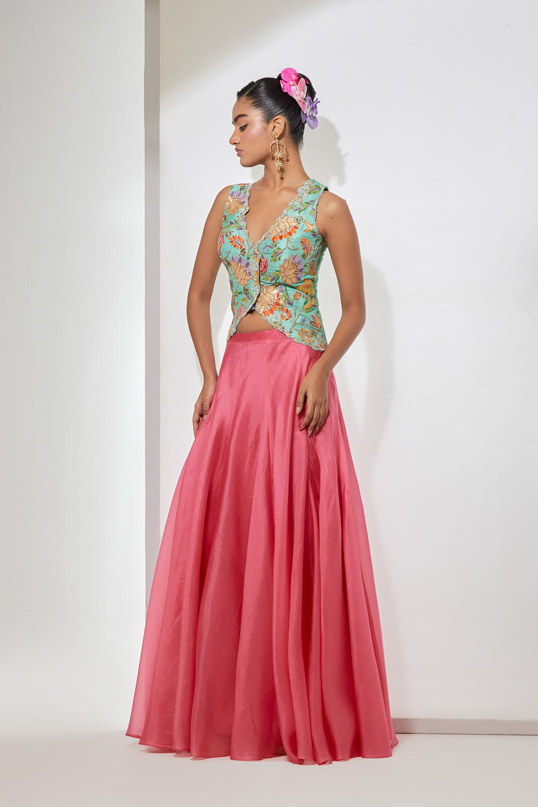 Gulbahar Hand-Embroidered Silk Corset &amp; Organza Skirt Set