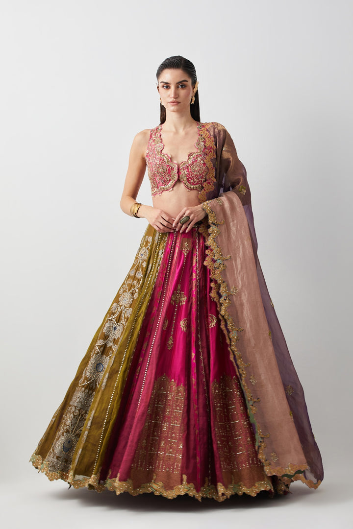 Multicolour Tissue &amp; Silk Hand Embroidered Lehenga Set