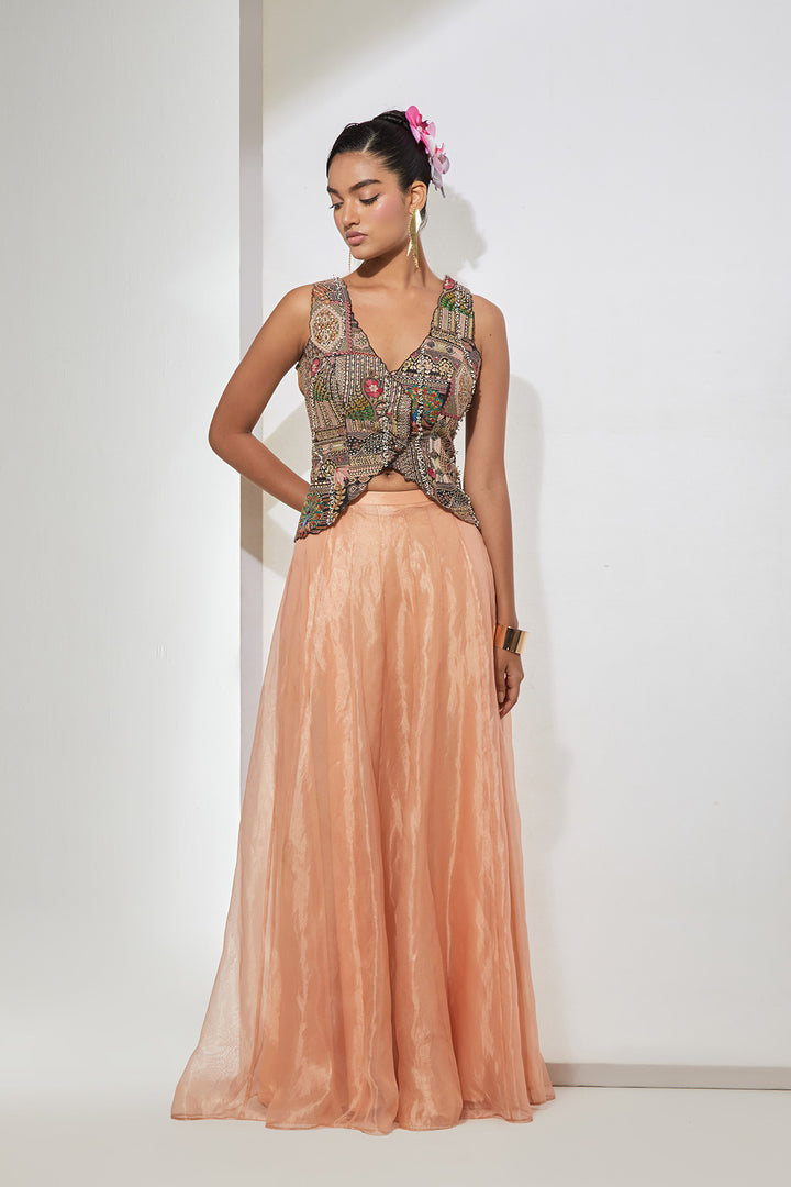 Noor Hand-Embroidered Silk Corset &amp; Organza Skirt Set