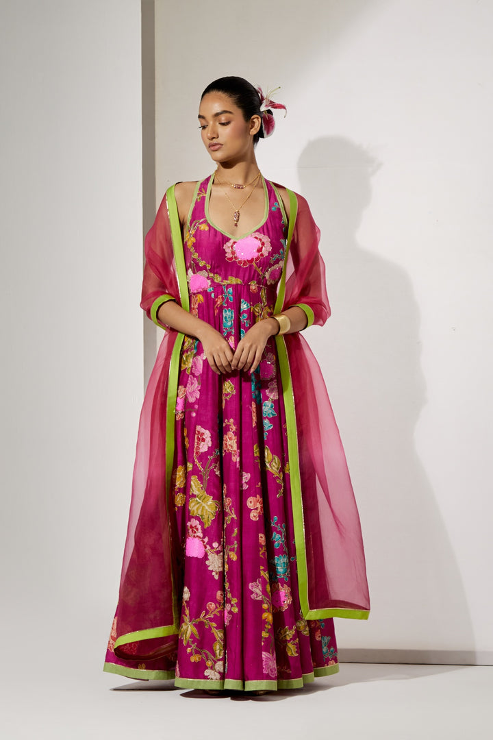 Fuchsia Bloom Silk Anarkali Set