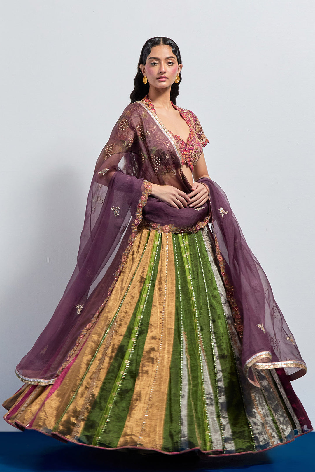 Multicolour striped embroidered lehenga set