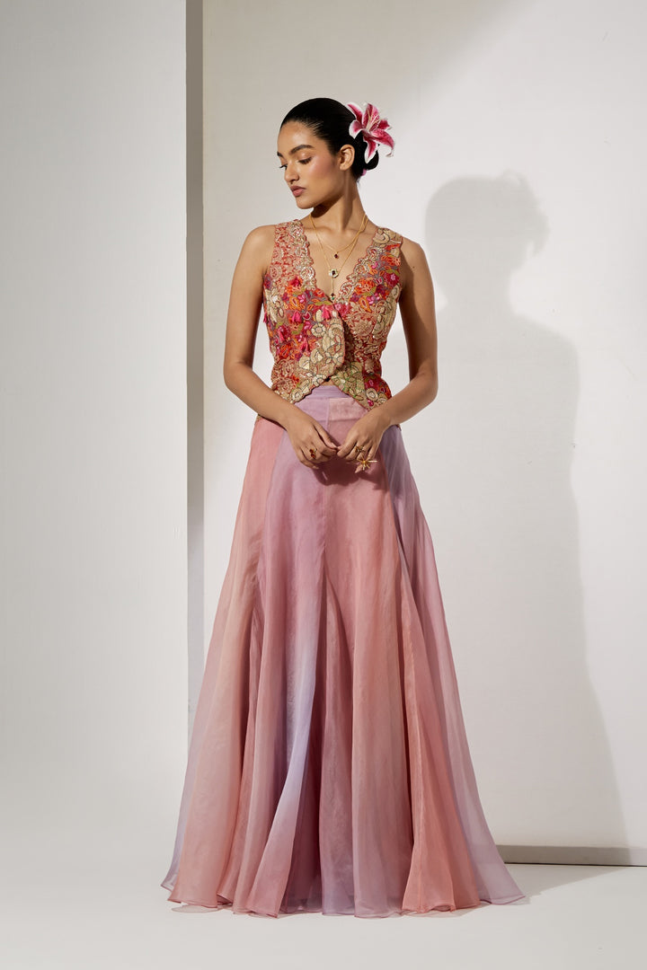 Ombre Organza Flared Skirt in Lavender-Peach