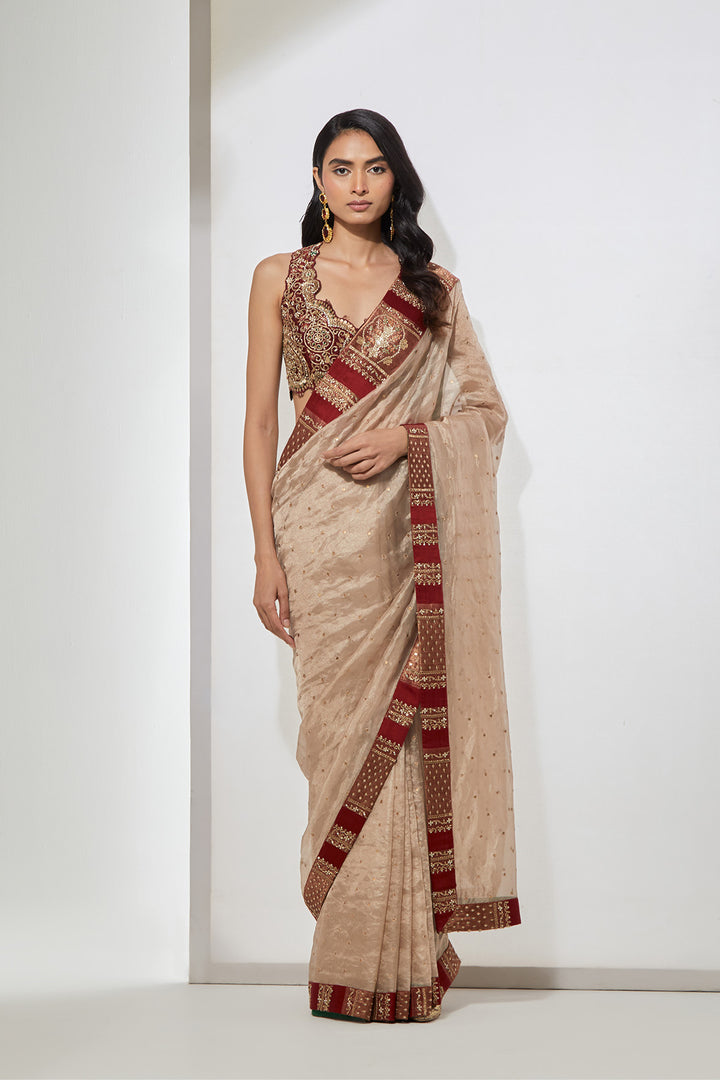 Ivory Tissue Saree with Multicolour Hand-Embellished Blouse