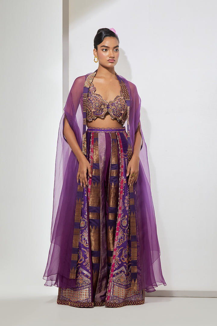 Wine Embroidered Bralette Lehenga Set with Organza Dupatta
