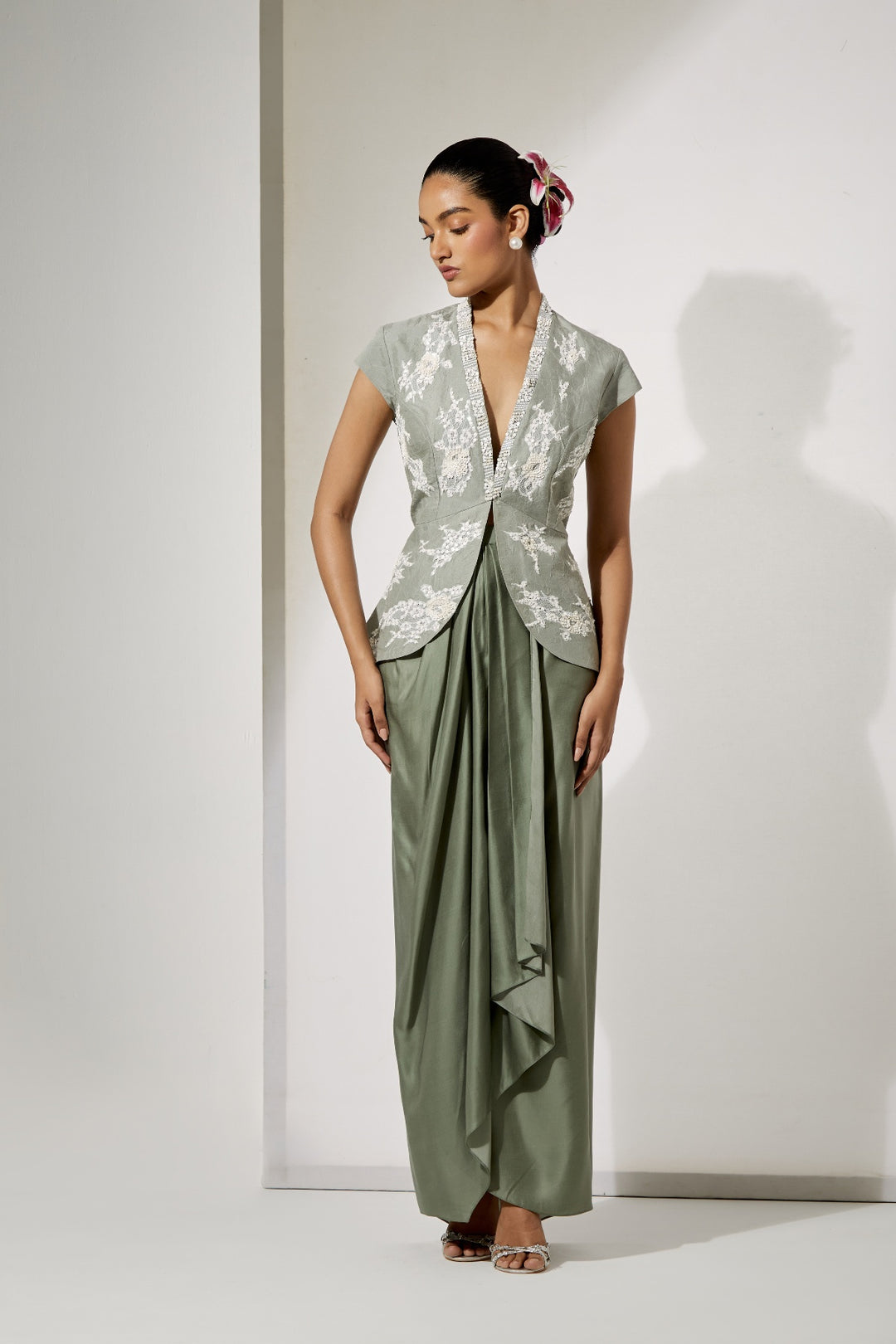 Sage Foil Silk Top &amp; Draped Satin Skirt Set
