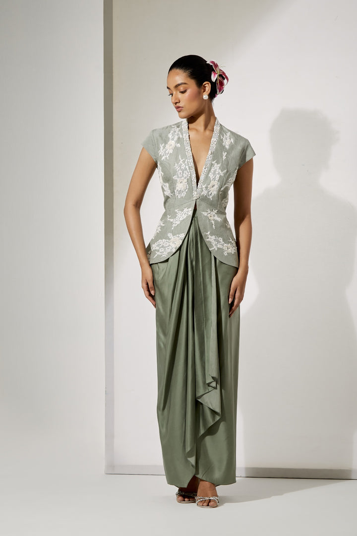 Sage Foil Silk Top &amp; Draped Satin Skirt Set